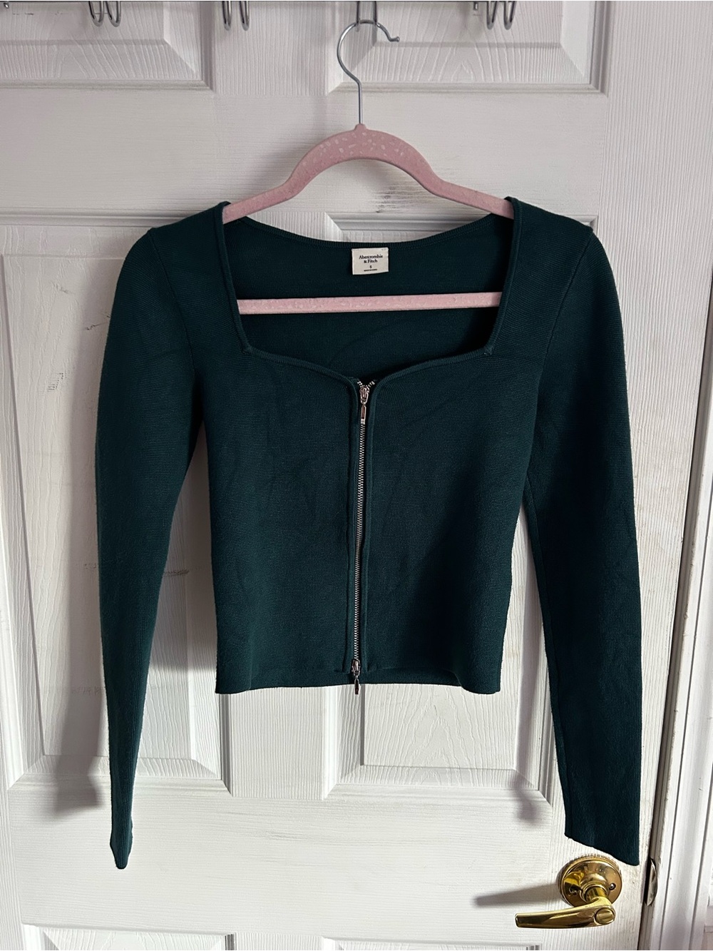 Abercrombie & Fitch Green Square Neck Two Way Zip Knit Top Size S